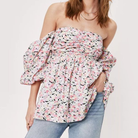 NWT Nasty Gal Baggy Puff Sleeve Pink Floral Oversized Off The Shoulder Top 6 - Picture 1 of 4
